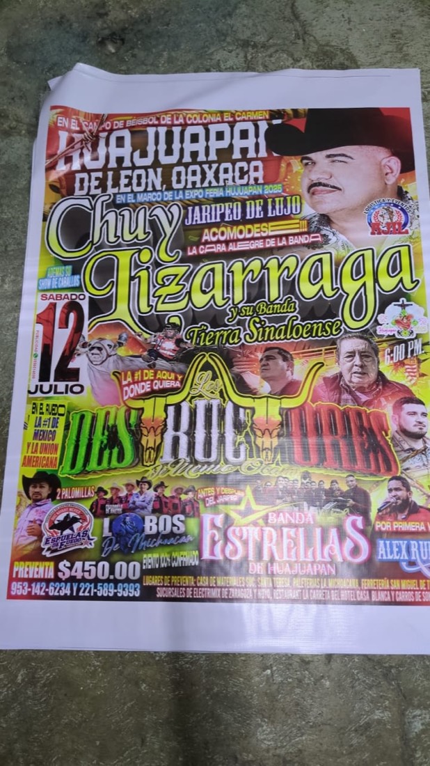 Pendón full color de jaripeo con Chuy Lizárraga y su Banda Tierra Sinaloense en la Expo Feria de Huajuapan de León, Oaxaca