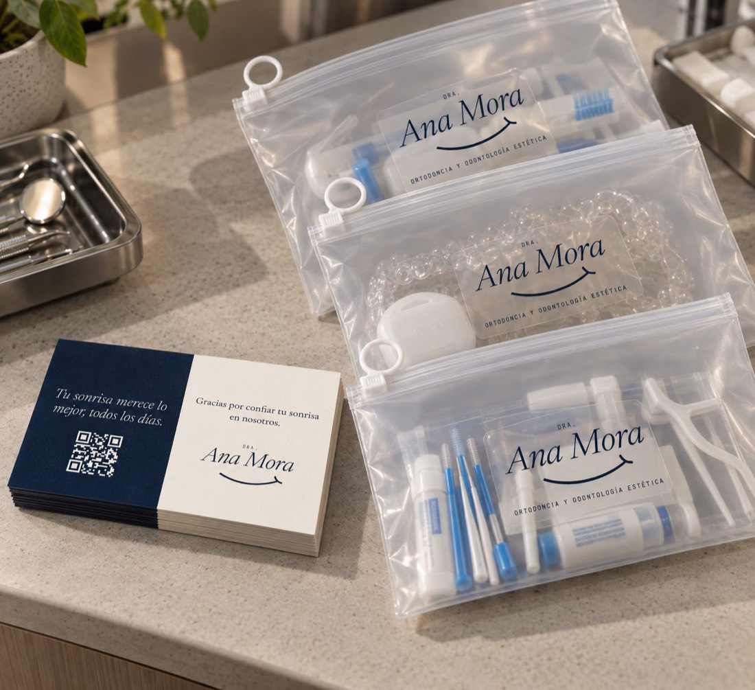 Bolsas transparentes con logo y tarjetas de presentación a dos caras impresas para la clínica de la Dra. Ana Mora